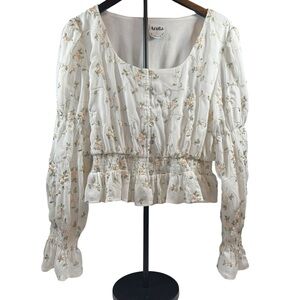 ARULA Cream Floral Blouse with Ruffle Detail
